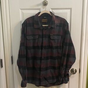 Orvis Flannel Shirt Jacket Plaid Burgundy Gray Black Pockets Cotton Mens Size XL